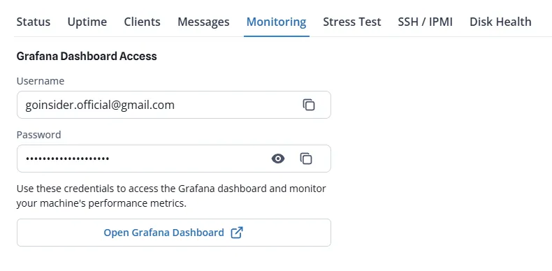 Monitoring tab — Grafana Dashboard Access panel