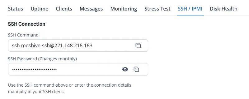 SSH / IPMI tab — SSH Connection panel