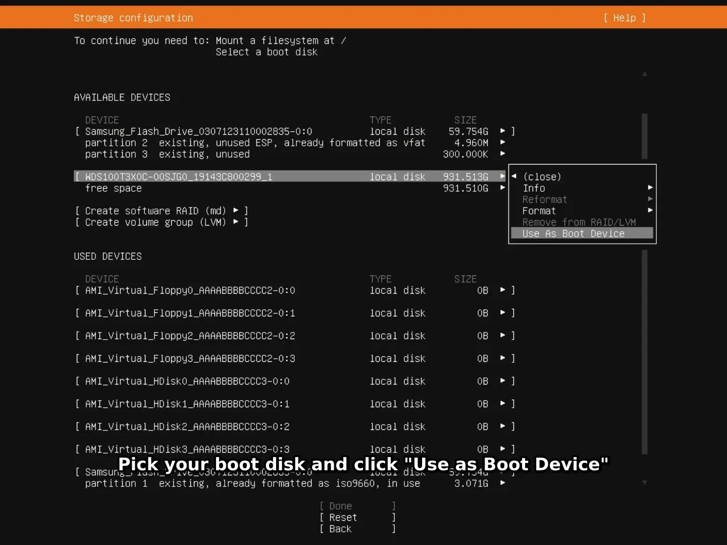 Step 9 — pick boot disk and Use as Boot Device