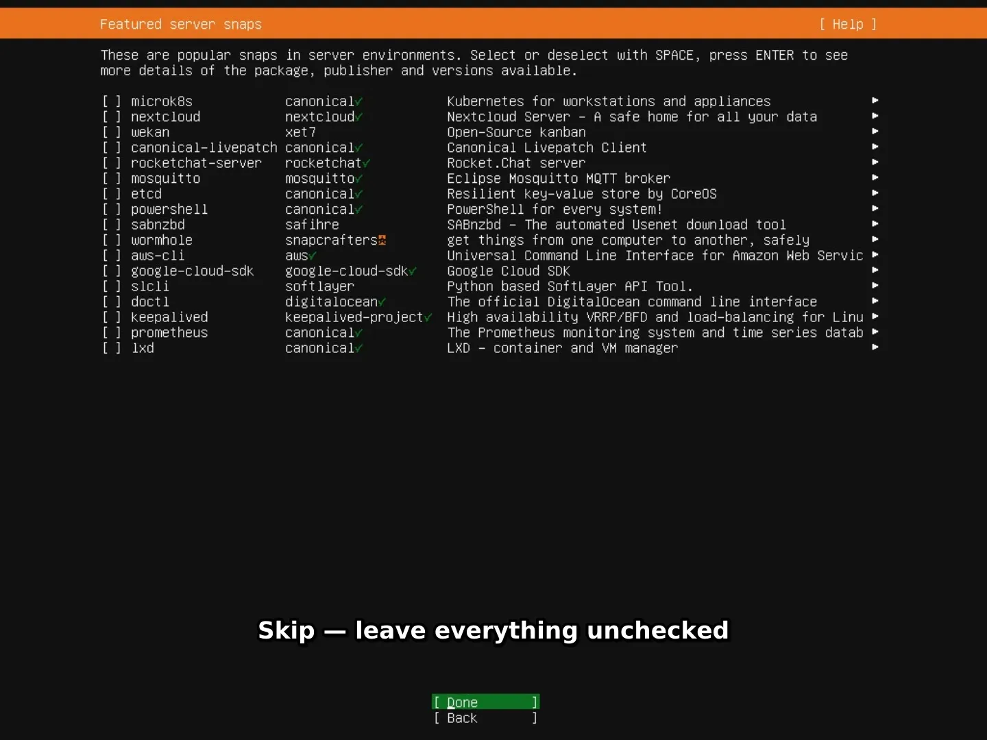Step 15 — featured server snaps, all unchecked