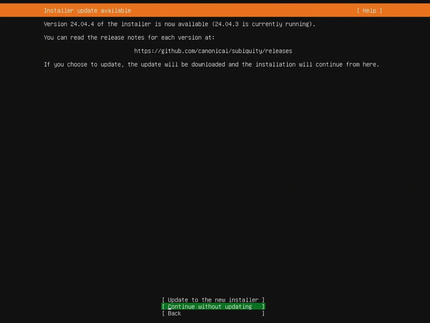 Step 2 — continue without updating the installer